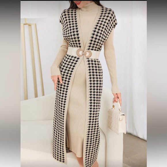 Beige and Black Houndstooth Long Cardigan Dress - Picture 7 of 14